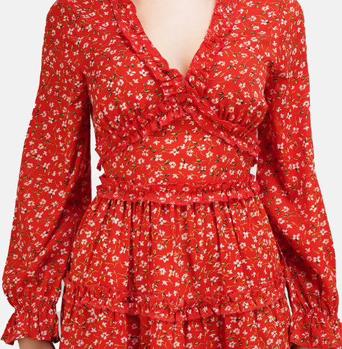 Orange & Yellow Floral Printed Fit & Flare Dress