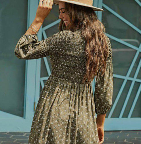 Printed Smoking detail A-Line Dress